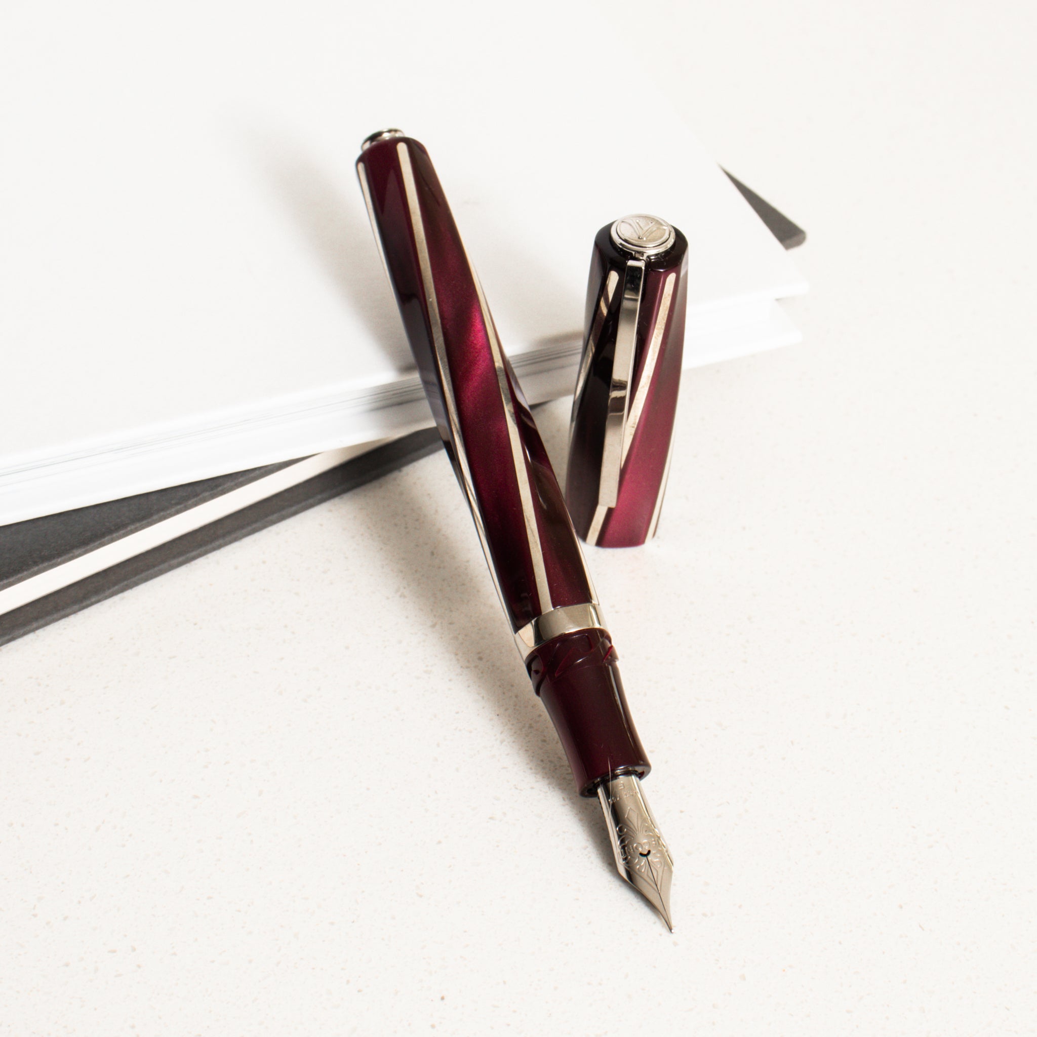 Stylo Plume Delta Doué Steel And Bordeaux - Plume Moyenne (M), Neuf, Fabriqué En Italie