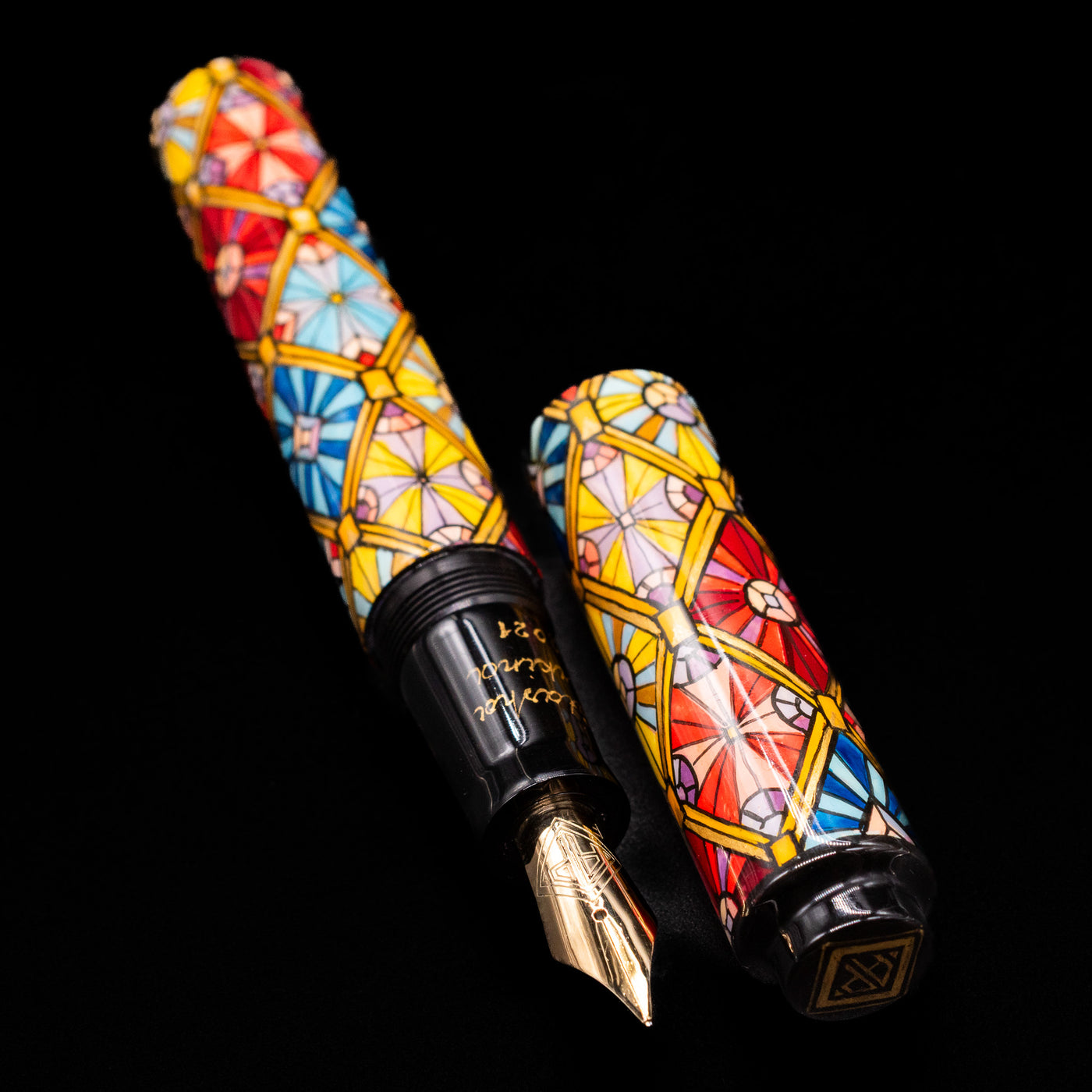 A full view of the AP Limited Editions Imperial Lacquer Art Fountain Pen - Tiffany uncapped, with its cap laying next to the pen. 