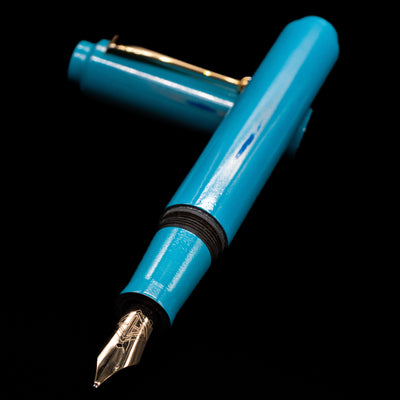 AP Limited Editions Proplyd Aqua Fountain Pen laying across its own cap, crossed, with a focus on the nib.