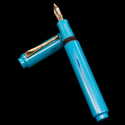 AP Limited Editions Proplyd Aqua Fountain Pen laying on top of its cap in a crossed position showing full view of the entire uncapped pen.
