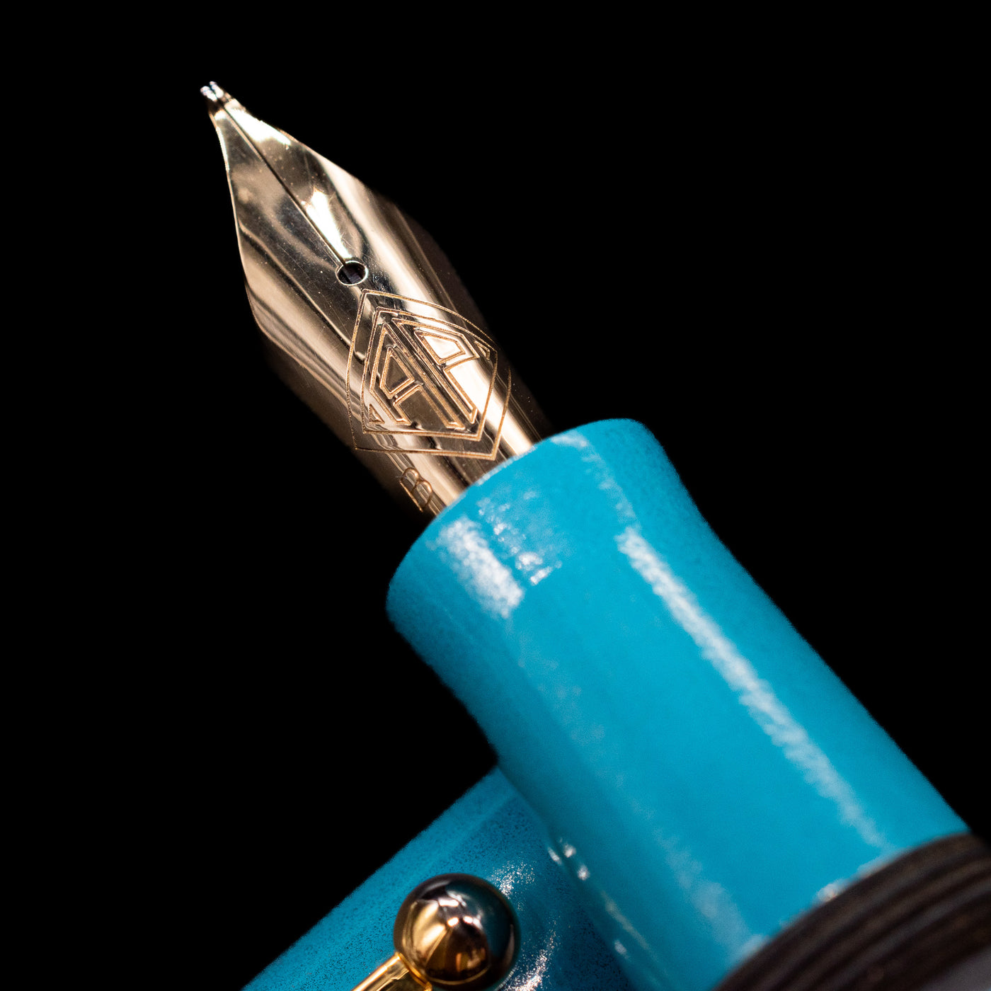 A macro shot of the nib with its intricate detailing and logo engraving for the AP Limited Editions Proplyd Aqua Fountain Pen.