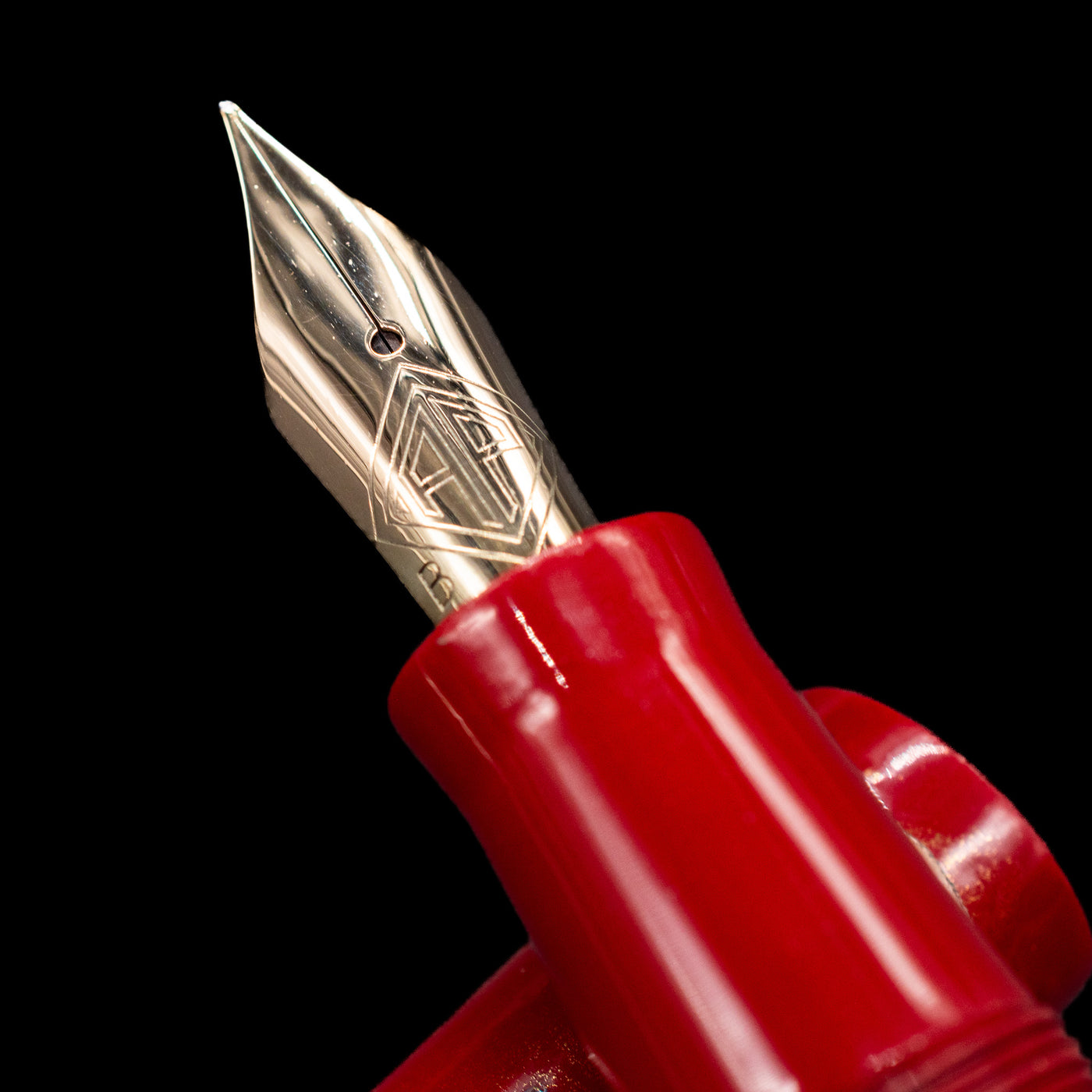 A macro shot of the nib with its intricate detailing and logo engraving for the AP Limited Editions Sakura Lacquer Art Fountain Pen - Year of the Rabbit.