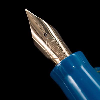 A macro shot of the nib with its intricate detailing and logo engraving for the AP Limited Editions Urushi Lacquer Art Fountain Pen - Blue Bliss.