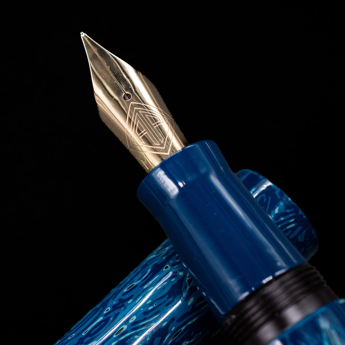 A macro shot of the nib with its intricate detailing and logo engraving for the AP Limited Editions Urushi Lacquer Art Fountain Pen - Midnight.