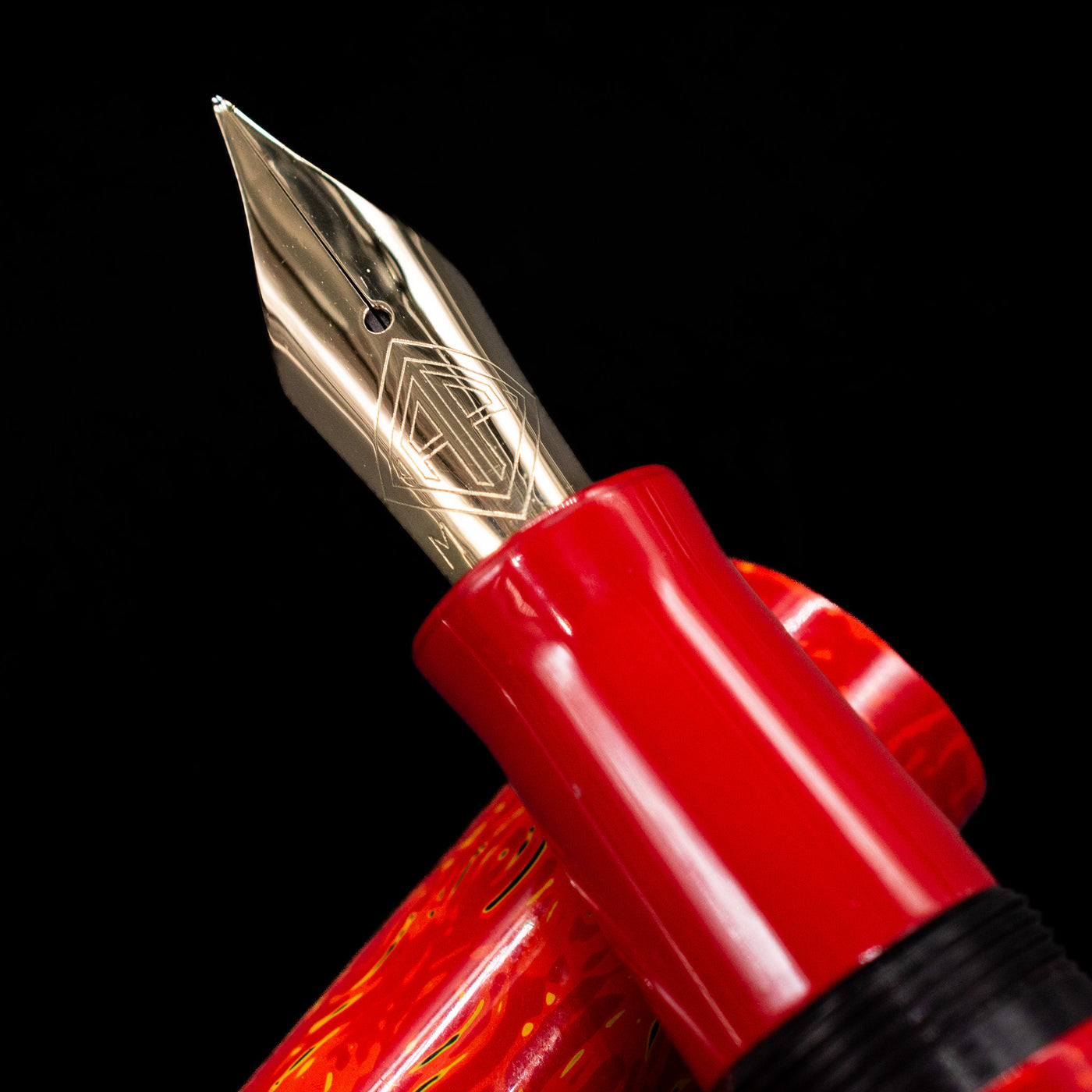 A macro shot of the nib with its intricate detailing and logo engraving for the AP Limited Editions Urushi Lacquer Art Fountain Pen - Red Earth.