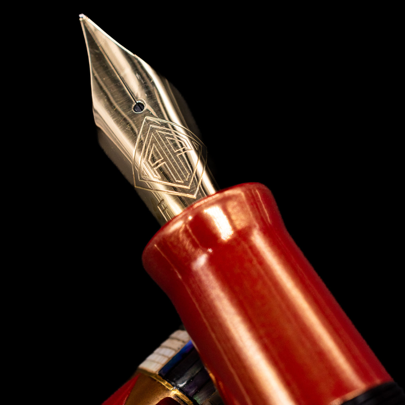 A macro shot of the nib with its intricate detailing and logo engraving for the AP Limited Editions Writer Maki-e Fountain Pen - Aogai Deco.