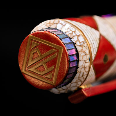 Zoomed-in view of the top of the cap with the finial on the AP Limited Editions Writer Maki-e Fountain Pen - Aogai Deco.