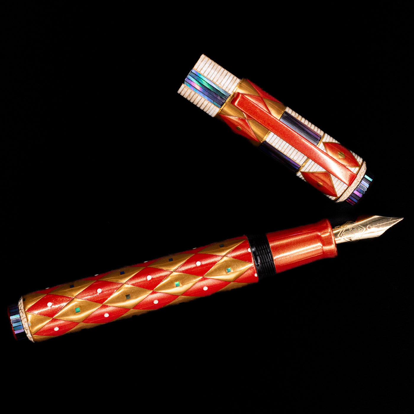 An overhead view of the AP Limited Editions Writer Maki-e Fountain Pen - Aogai Deco uncapped.