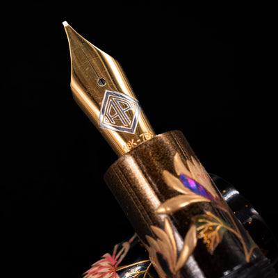  A macro shot of the nib with its intricate detailing and logo engraving for the AP Limited Editions Writer Maki-e Fountain Pen - Chrystanthemum (Prototype).