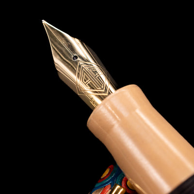 A macro shot of the nib with its intricate detailing and logo engraving for the AP Limited Editions Writer Maki-e Fountain Pen - Orbit.
