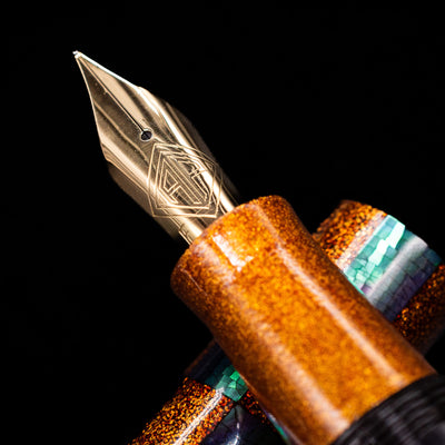 A macro shot of the nib with its intricate detailing and logo engraving for the AP Limited Editions Writer Maki-e Fountain Pen - Sparkle.