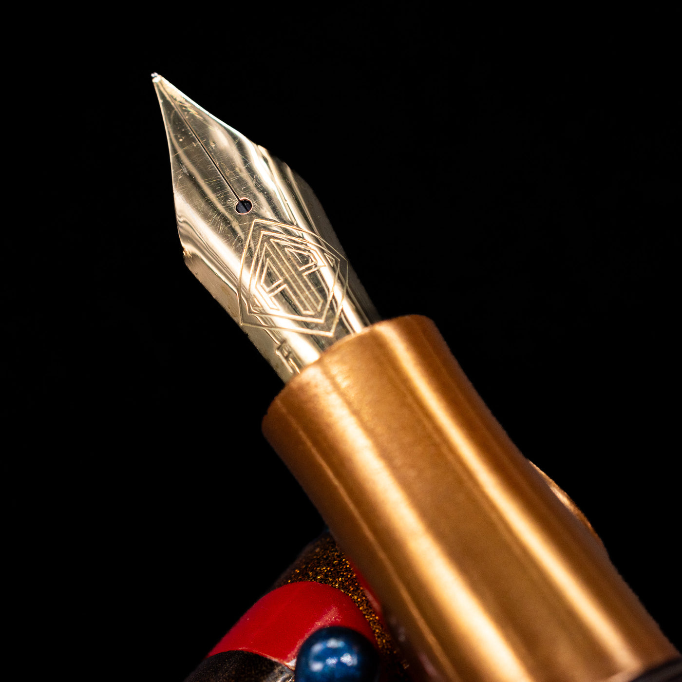 A macro shot of the nib with its intricate detailing and logo engraving for the AP Limited Editions Writer Maki-e Fountain Pen - The Dunes.