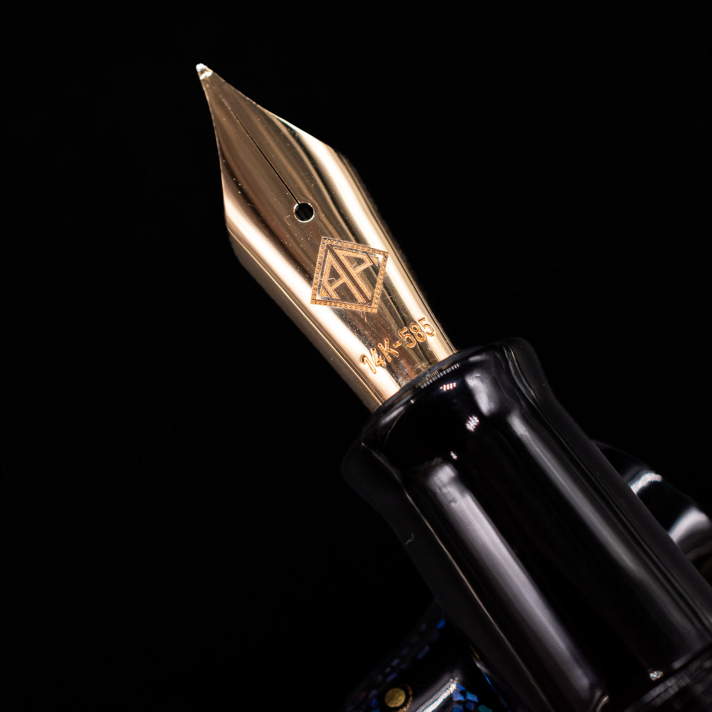  A macro shot of the nib with its intricate detailing and logo engraving for the AP Limited Editions Writer Maki-e Fountain Pen - The Firefly Squid.