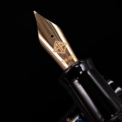  A macro shot of the nib with its intricate detailing and logo engraving for the AP Limited Editions Writer Maki-e Fountain Pen - The Firefly Squid.