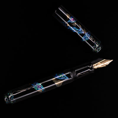 An overhead view of the AP Limited Editions Writer Maki-e Fountain Pen - The Firefly Squid uncapped.