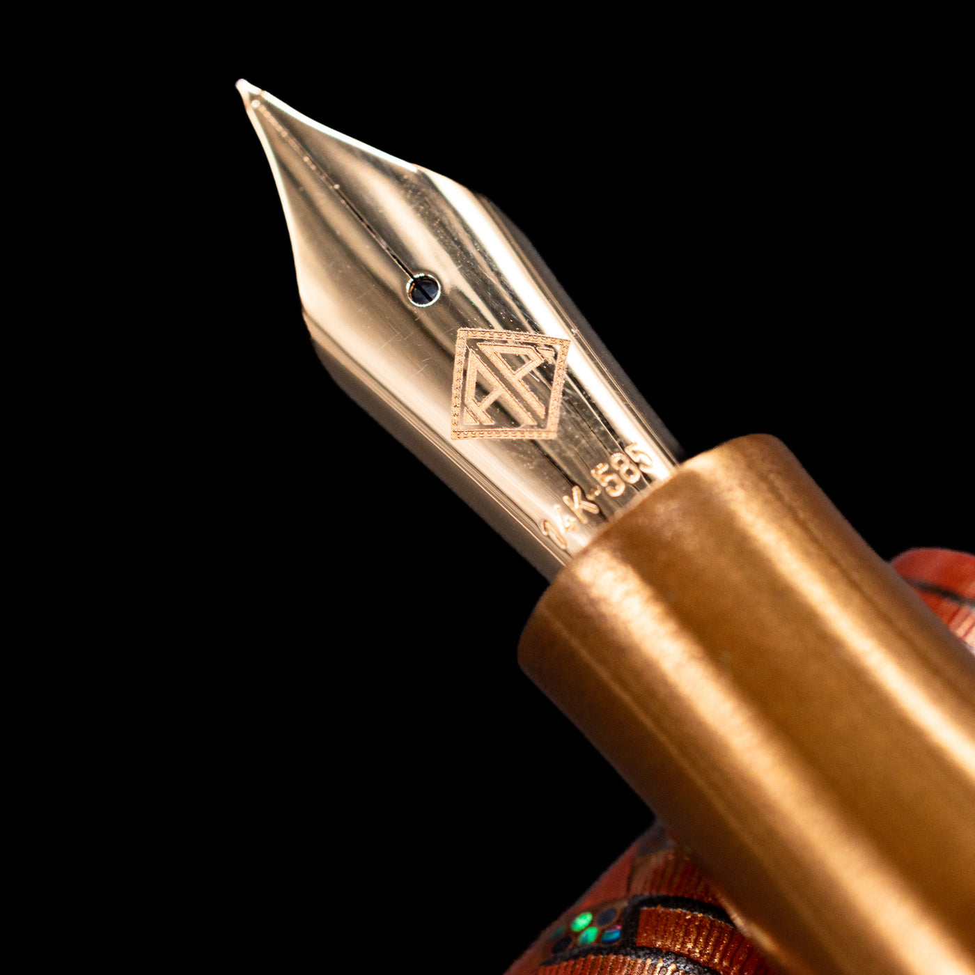 A macro shot of the nib with its intricate detailing and logo engraving for the AP Limited Editions Writer Maki-e Fountain Pen - The Pride of Samurai.