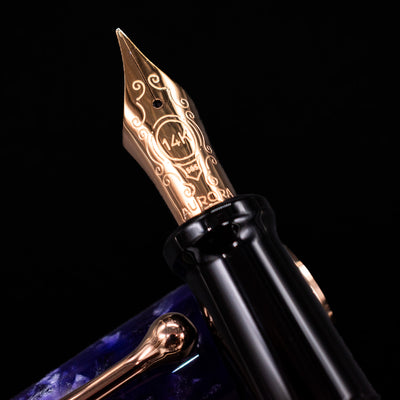 Close-up of the rhodium-plated 14k gold nib on the Aurora Optima Viola fountain pen, showing fine engravings and the Aurora logo.