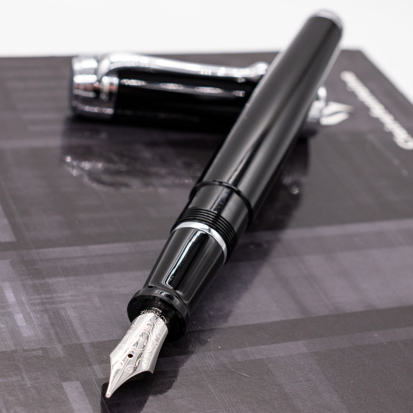 Aurora Talentum Black & Chrome Fountain Pen uncapped