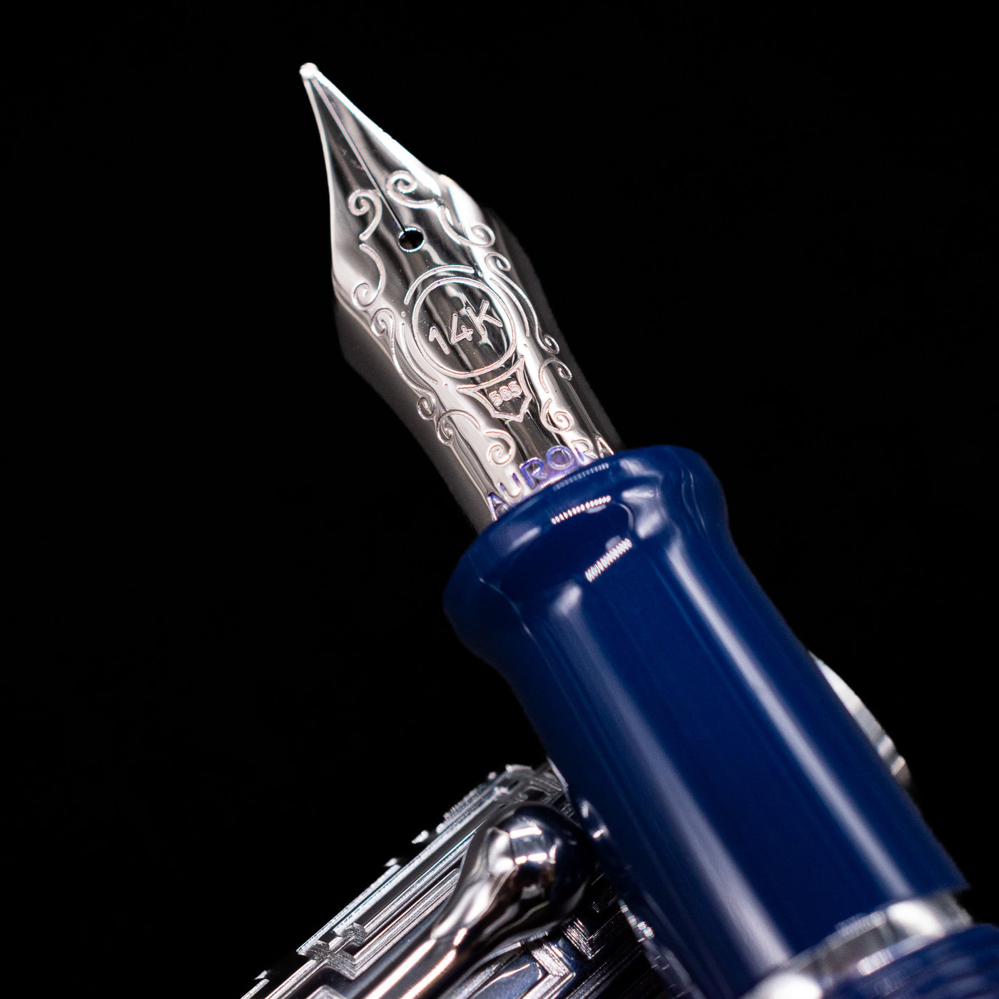 A macro shot of the nib with its intricate detailing and logo engraving for the Aurora Talentum Dedalo Blue Fountain Pen - Preowned.