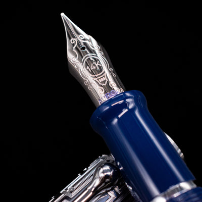 A macro shot of the nib with its intricate detailing and logo engraving for the Aurora Talentum Dedalo Blue Fountain Pen - Preowned.