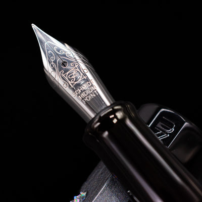 A macro shot of the nib with its intricate detailing and logo engraving for the BENU Euphoria Caviar Fountain Pen.