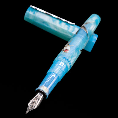 BENU Euphoria Limited Edition Fountain Pen - Swallow’s Song laying across its own cap, crossed, with a focus on the nib.