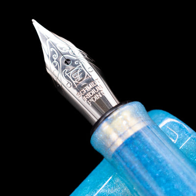 A macro shot of the nib with its intricate detailing and logo engraving for the BENU Euphoria Limited Edition Fountain Pen - Swallow’s Song.