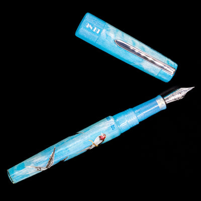 An overhead view of the BENU Euphoria Limited Edition Fountain Pen - Swallow’s Song uncapped.