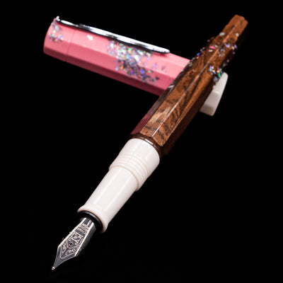 BENU Euphoria Neapolitan Ice Cream Fountain Pen - Preowned laying across its own cap, crossed, with a focus on the nib.
