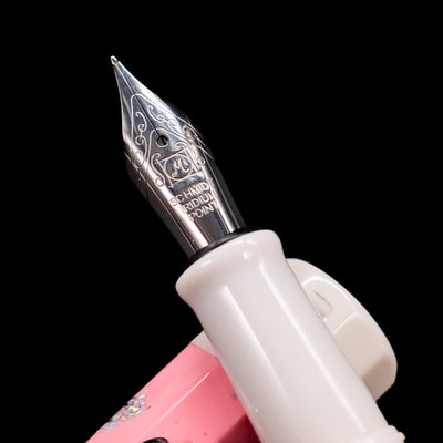 A macro shot of the nib with its intricate detailing and logo engraving for the BENU Euphoria Neapolitan Ice Cream Fountain Pen - Preowned.