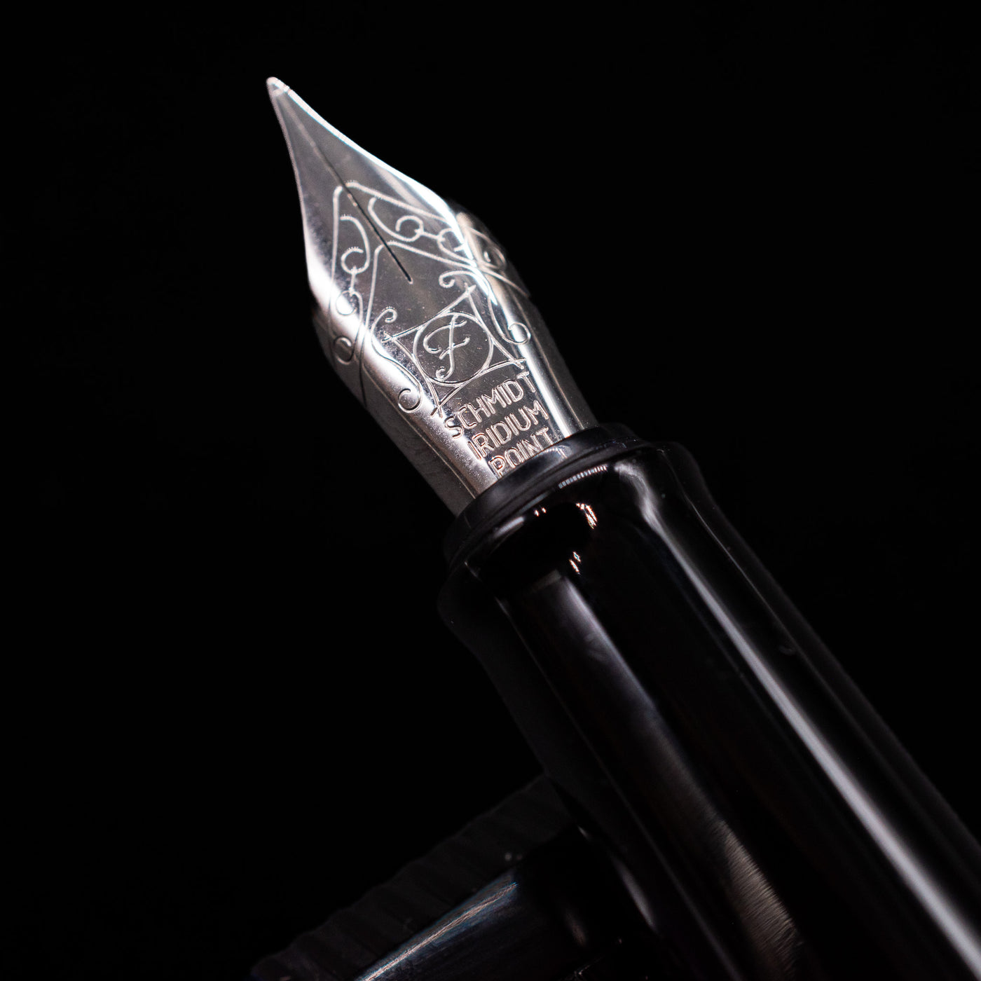 A macro shot of the nib with its intricate detailing and logo engraving for the BENU Happy Chameleon Fountain Pen.