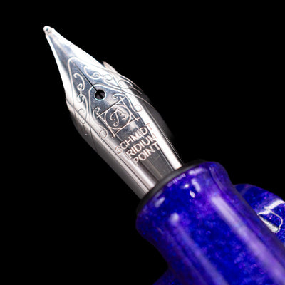 A macro shot of the nib with its intricate detailing and logo engraving for the BENU Talisman Limited Edition Fountain Pen - Lavender.