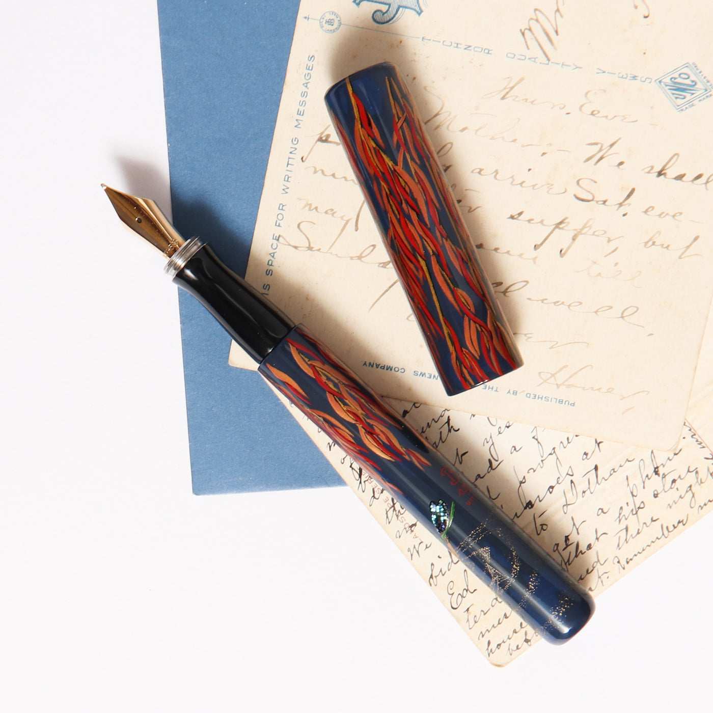 Bottegando Dragonflies on the Pond Maki-e Fountain Pen Blue Red and Orange