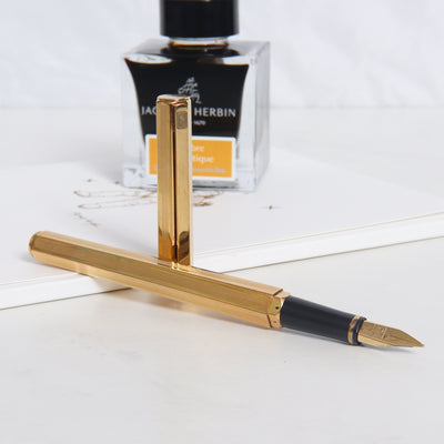 Caran d'Ache Hexagonal Gold Plated Guilloche Fountain Pen - Preowned Uncapped