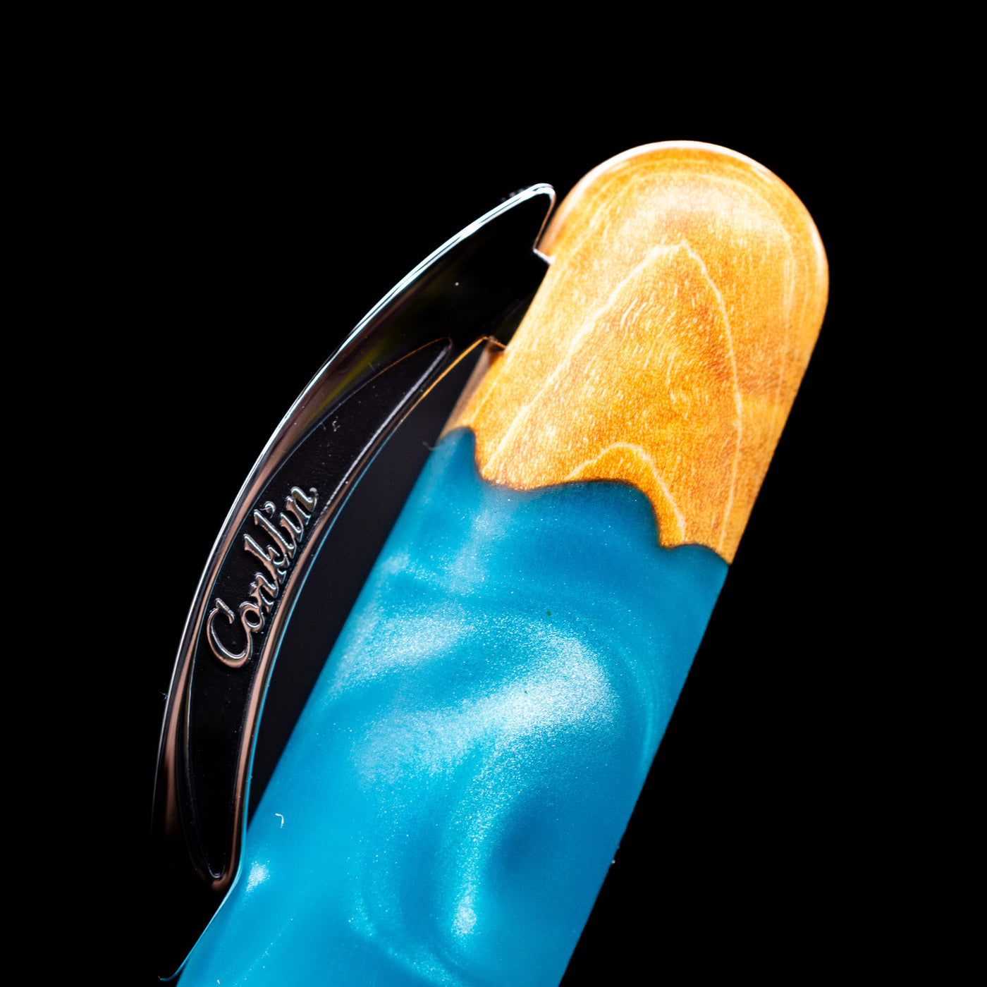 Close-up view of the cap on the Conklin 1898 Fountain Pen - Spectra Fusion Blue.