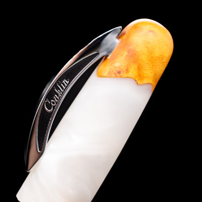 Close-up view of the cap on the Conklin 1898 Fountain Pen - Spectra Fusion White.