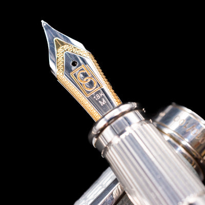 A macro shot of the nib with its intricate detailing and logo engraving for the David Oscarson Black Star & Frost Fountain Pen.