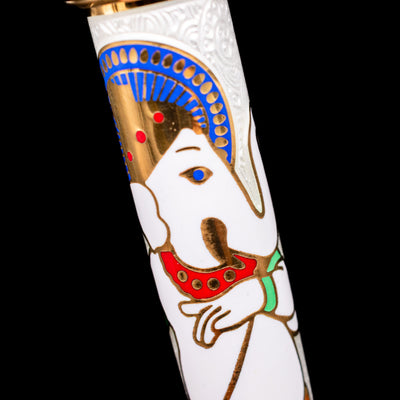 A macro shot of the elephant, Lord Ganesha on the body of the David Oscarson Lord Ganesha Fountain Pen - White.