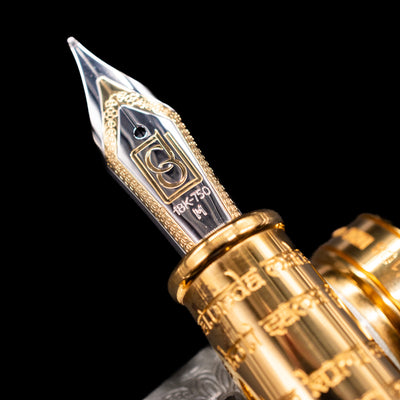 A macro shot of the nib with its intricate detailing and logo engraving for the David Oscarson Lord Ganesha Fountain Pen - White.