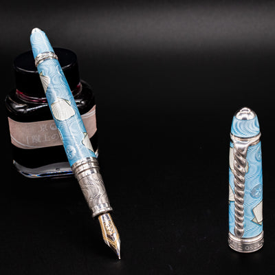 Full view of the Seaside Aquamarine Fountain Pen – Displaying its elegant aquamarine enamel finish with intricate ocean-themed guilloché engraving.