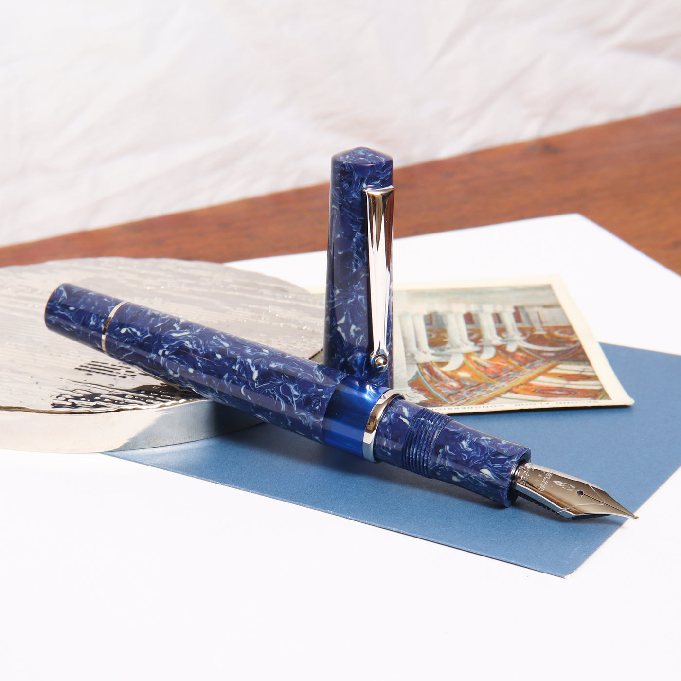 Delta Lapis Blue Celluloid Fountain Pen Uncapped