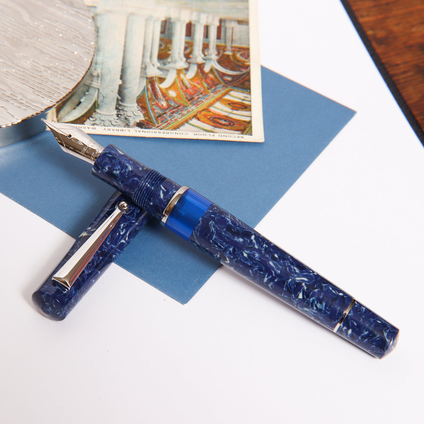 Delta Lapis Blue Celluloid Fountain Pen Open