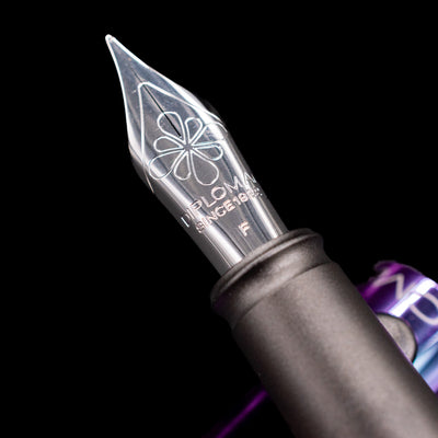 A macro shot of the nib with its intricate detailing and logo engraving for the Diplomat Aero Fountain Pen - Funky.
