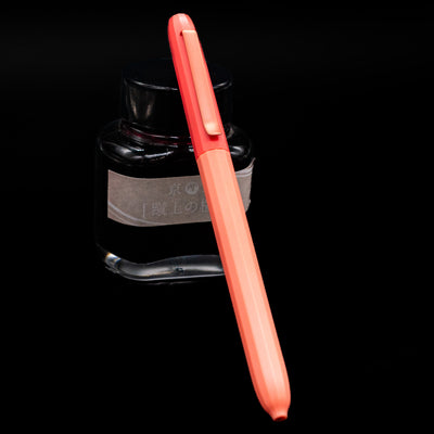 Faber-Castell Avori Ballpoint Pen - Inner Fire leaning against an ink bottle.