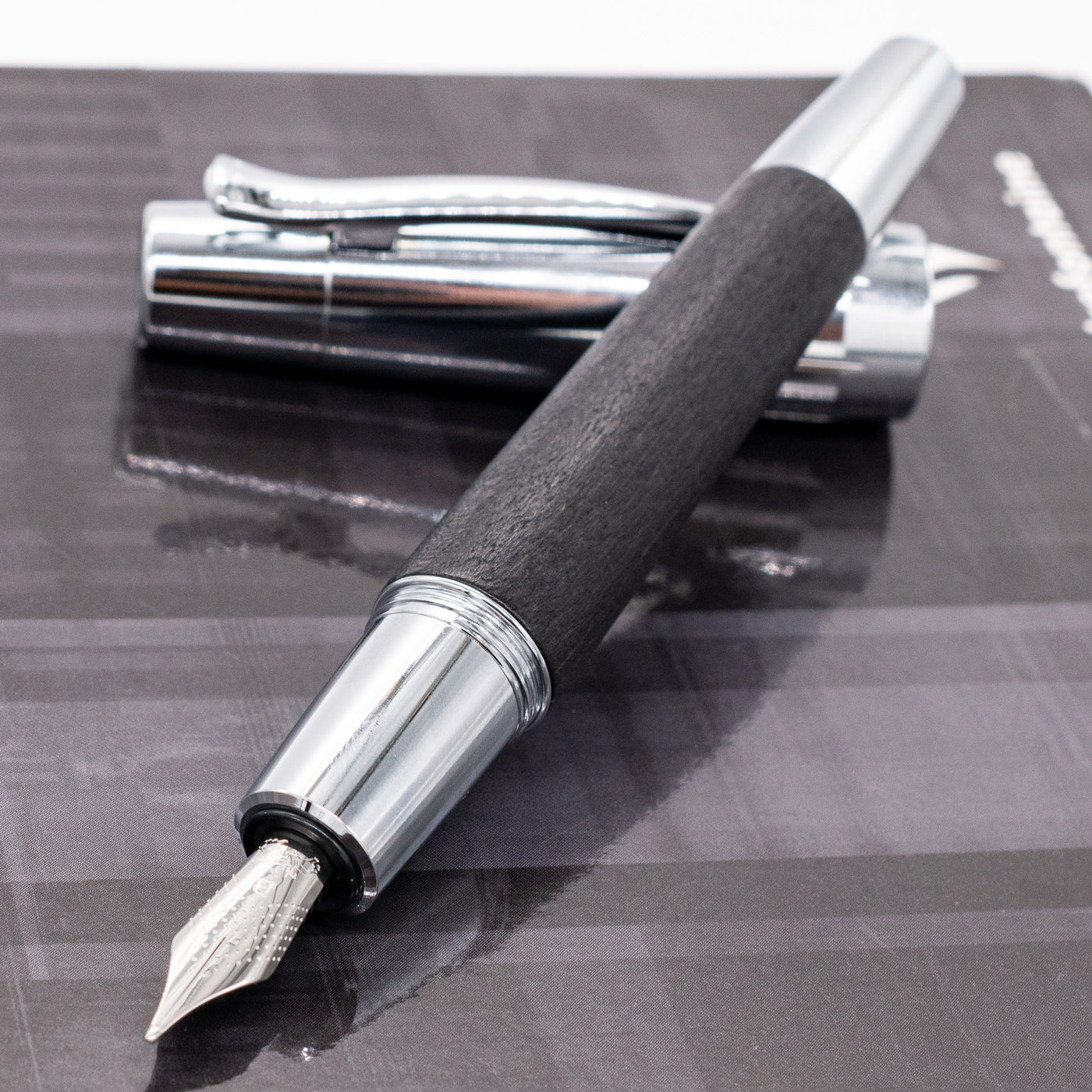 Faber-Castell E-Motion Black Wood & Chrome Fountain Pen uncapped