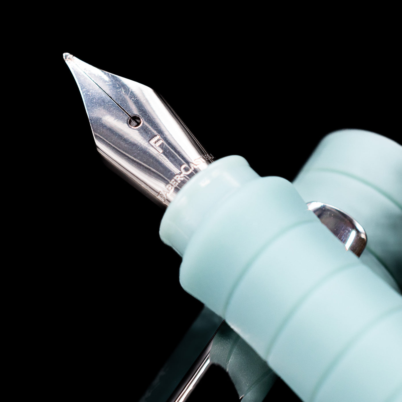 A macro shot of the nib with its intricate detailing and logo engraving for the Faber-Castell Poly Fountain Pen - Iris.