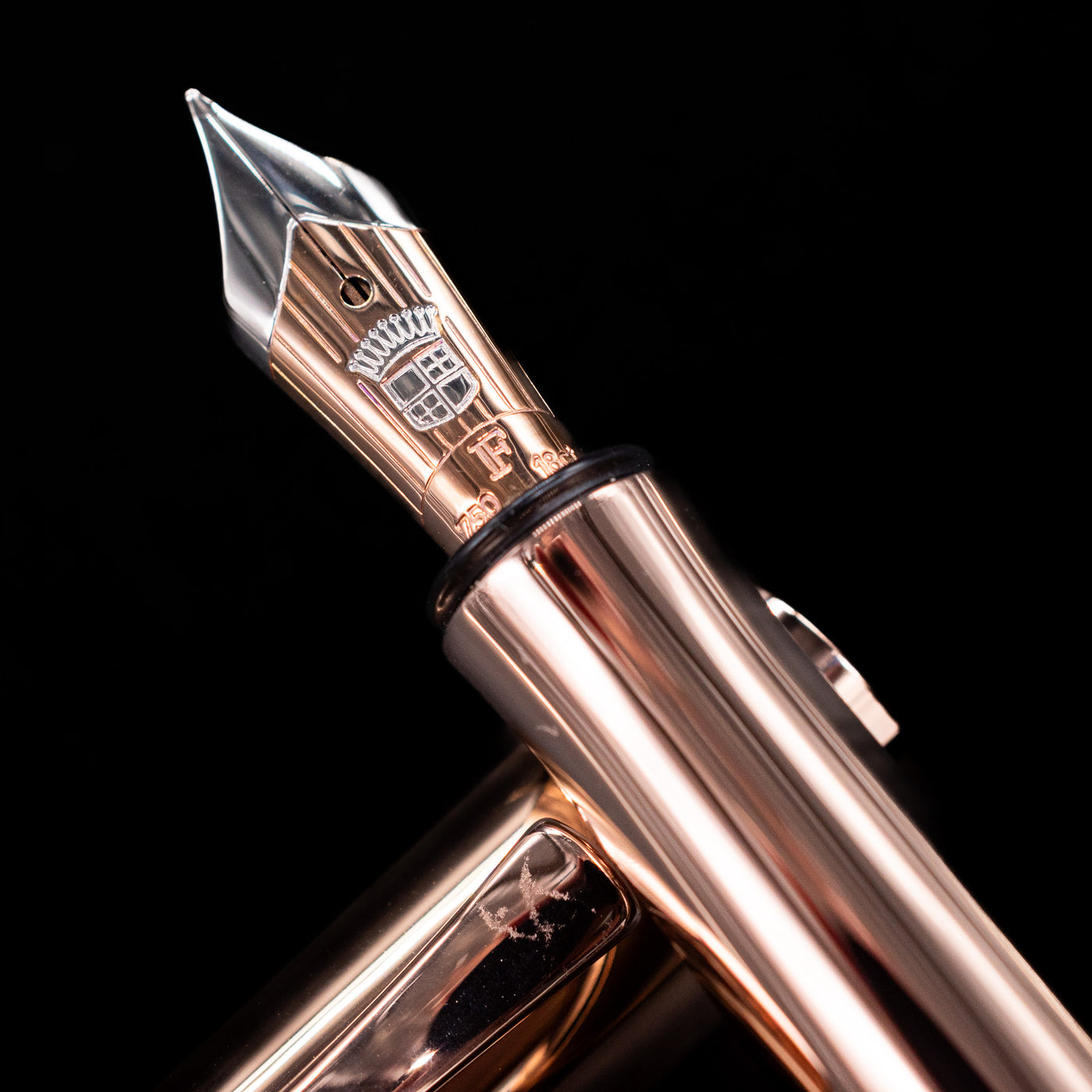 Detailed macro shot of the nib, highlighting engravings and rose gold finish in the Graf von Faber-Castell Classic Limited Edition fountain pen.