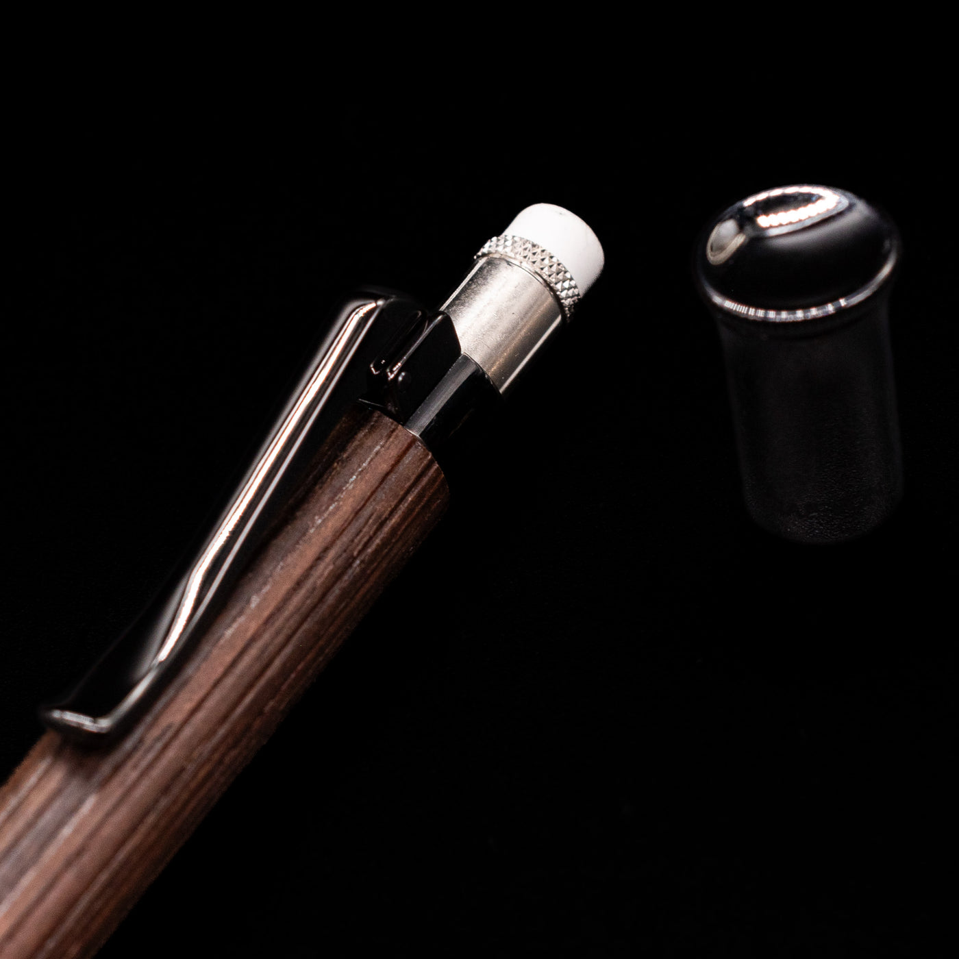 A close-up shot of the cap on the eraser for the Graf von Faber-Castell Classic Mechanical Pencil - Macassar Wood.
