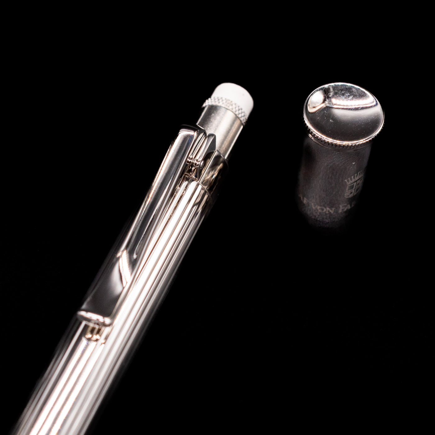 A close-up shot of the cap covering the eraser on the Graf von Faber-Castell Classic Mechanical Pencil - Platinum Plated.