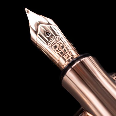  A macro shot of the nib with its intricate detailing and logo engraving for the Graf von Faber-Castell Guilloche Fountain Pen - Champagne Blush.